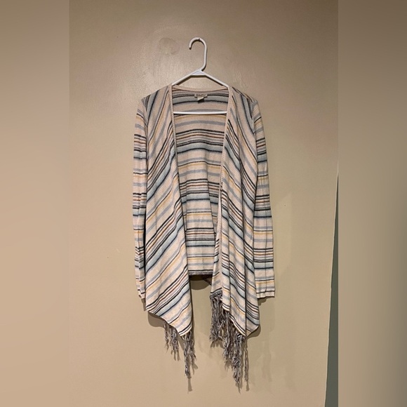 Lucky Brand Sweater Women M Beige Open Cardigan Fringe Southwestern Boho Knit - Picture 1 of 8